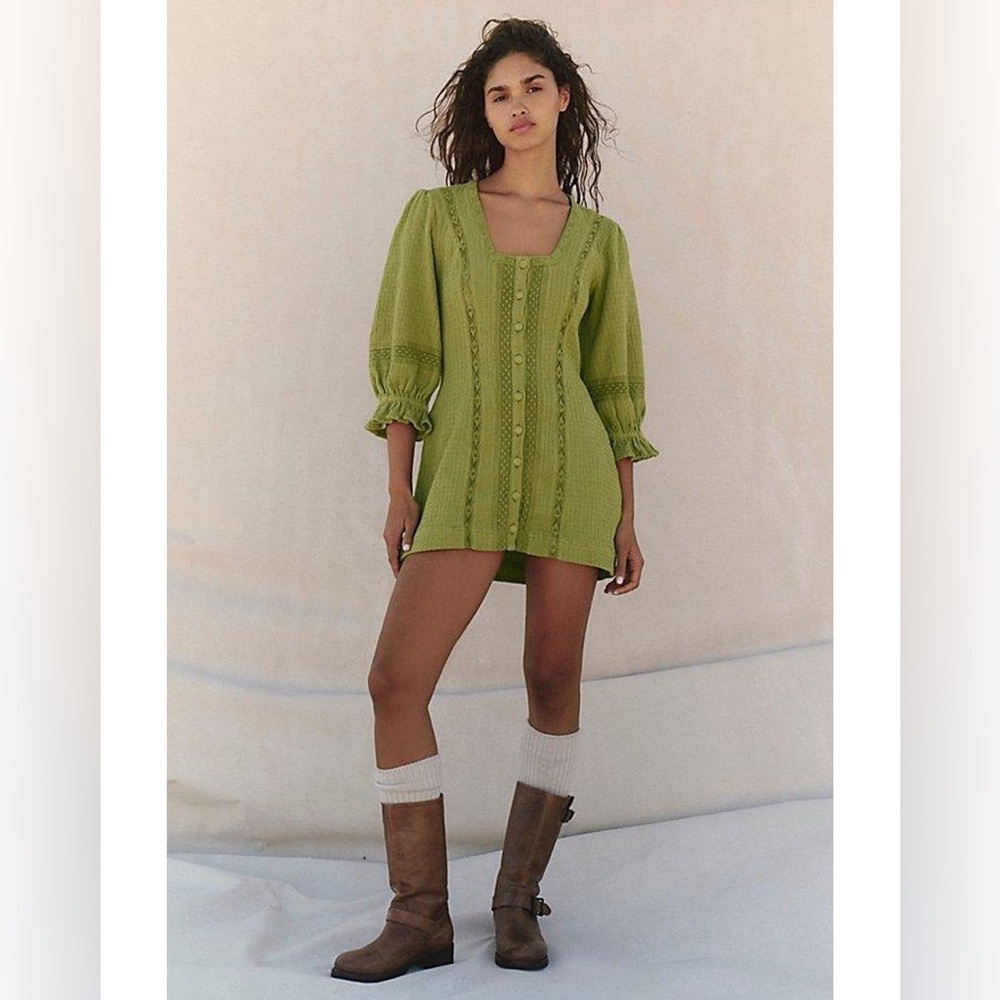 Free People Freest Jules Green Mini Crochet Lace Dress Textured Sz XS NEW - Picture 2 of 4